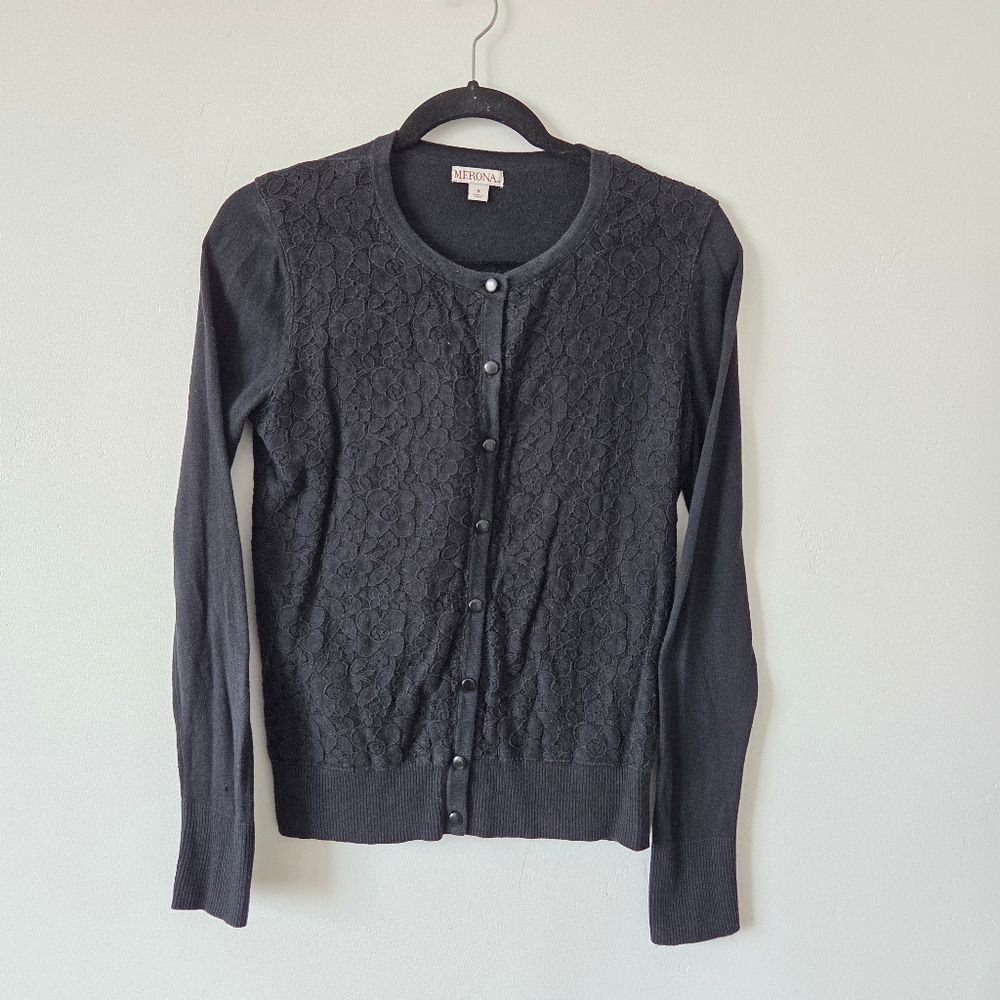 Merona Black Lace Cardigan Sweater Academia Preppy Old Money Equestrian Small